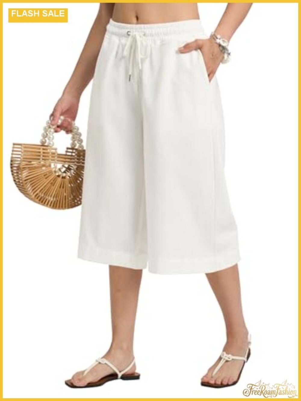 Women's Linen Capri Pants Elastic Wide Leg Drawstring Casual with Pockets